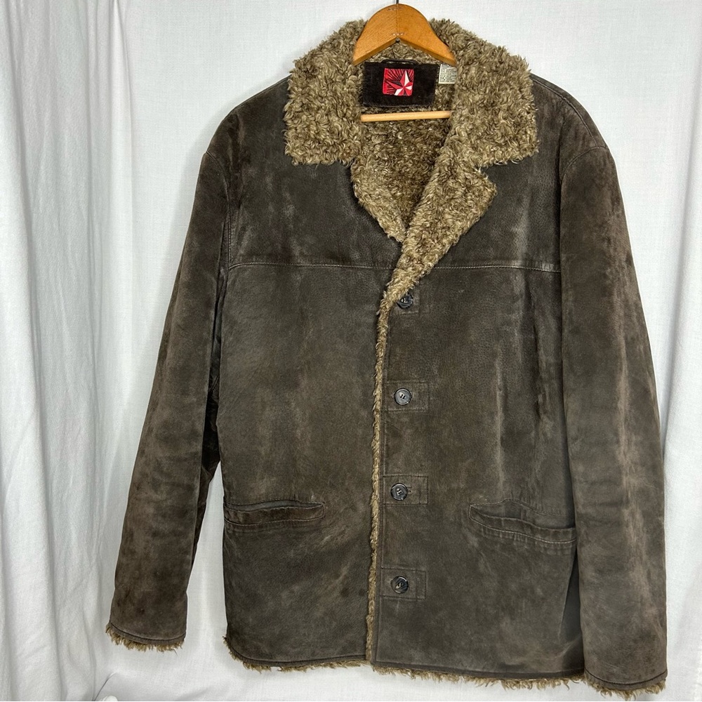 Marlboro Gear Brown Suede Leather/Sherpa Jacket Winter Coat Large 2004 Vintage